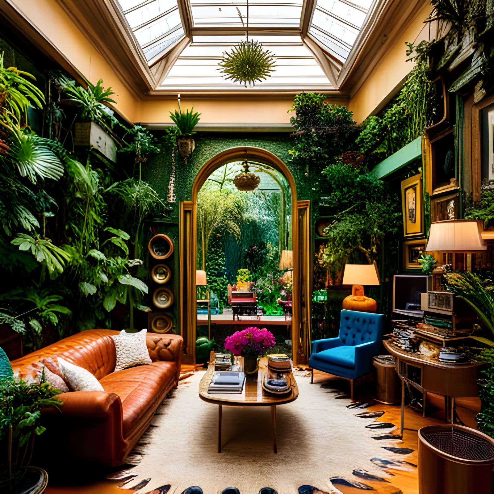Maximalist Solarpunk Living Room in Golden Light