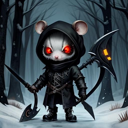 Undead Chibi Rat with Scythe in Watercolor Style