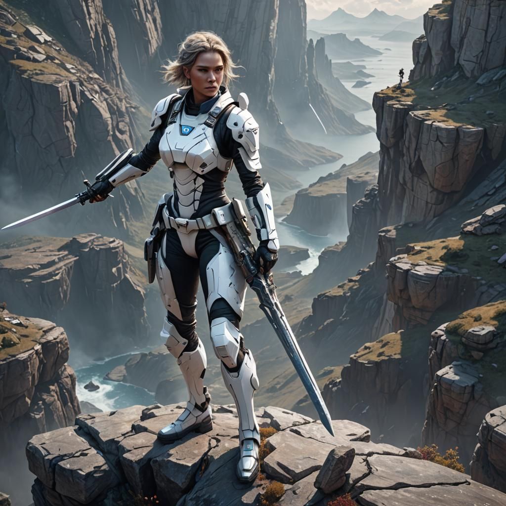 Futuristic Woman soldier, sword,white, on top of a cliff
