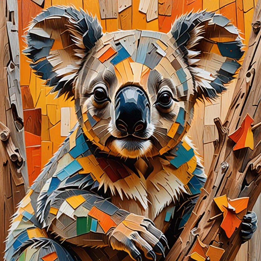 Cubist Koala Portrait in Oil on Driftwood