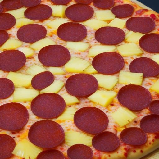 HD photo of a Large pepperoni pizza with a whole pineapple i...