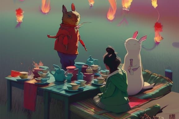Fiery Tea Party: A Whimsical Digital Illustration