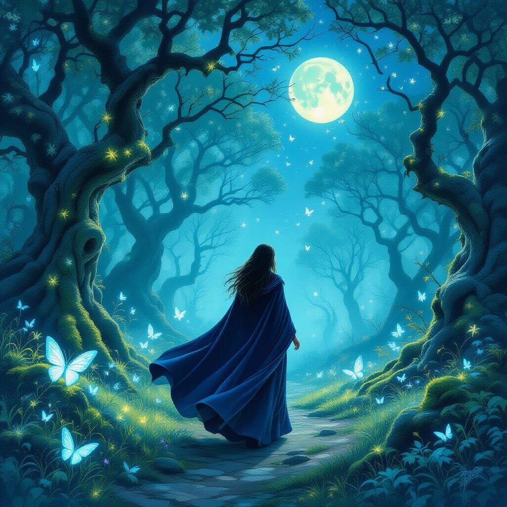 Mystical Woman in Bioluminescent Forest, Ethereal Art