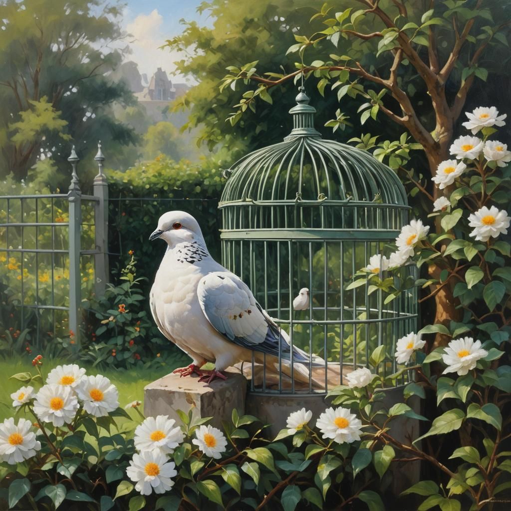 Dove in Cage in Garden, Oil Painting Style
