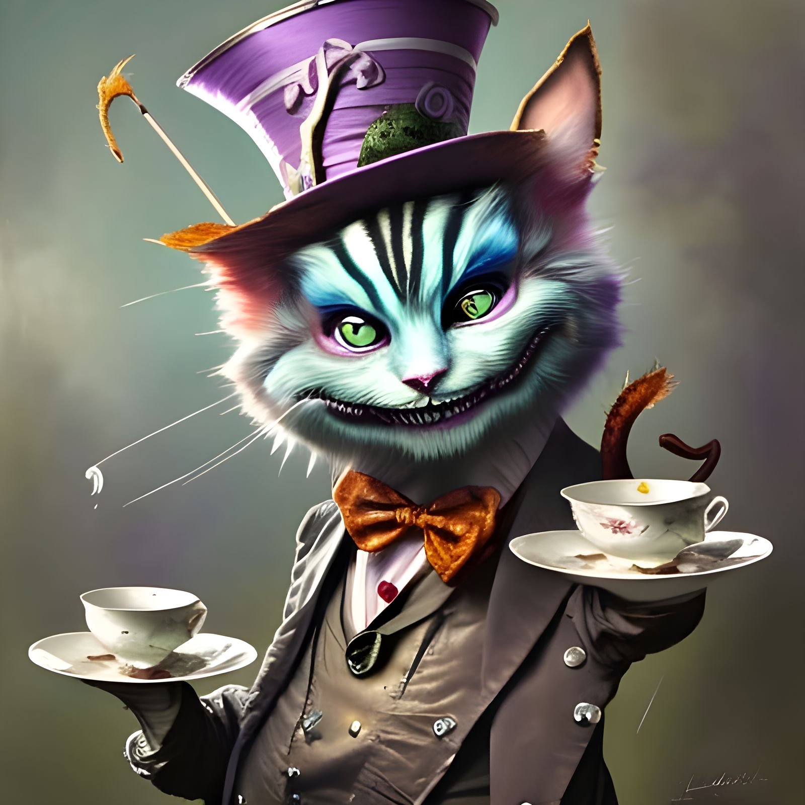 Mad Hatter Serves Tea to Cheshire Cat in Diner