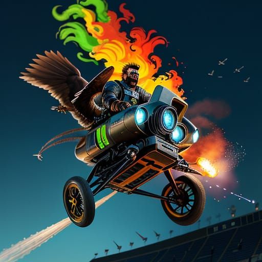 Jet-Propelled Wheelchair Flight Over Stadium: Digital Art