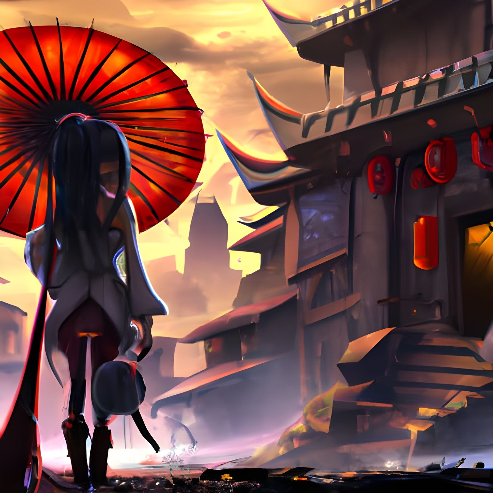 Anime Girl with Umbrella in Chinese Setting