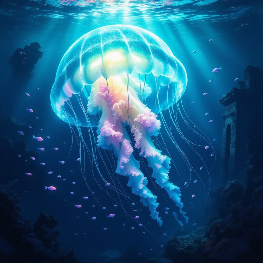 Bioluminescent Jellyfish Illuminates Deep Sea Ruins