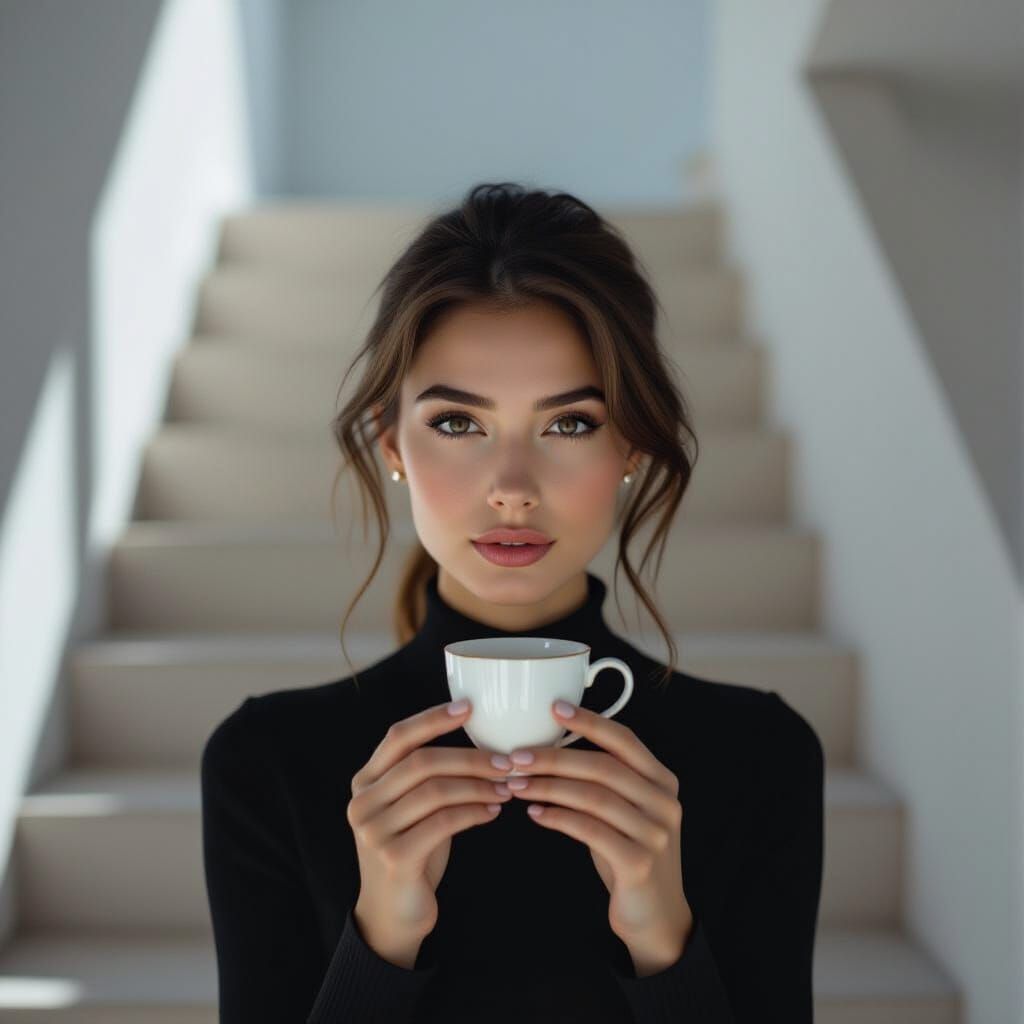 Woman with Coffee Cup on Modern Staircase