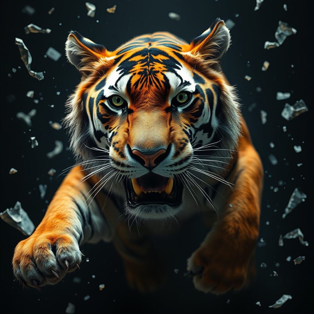 Majestic Tiger Leaps from the Void in Stunning Photorealism