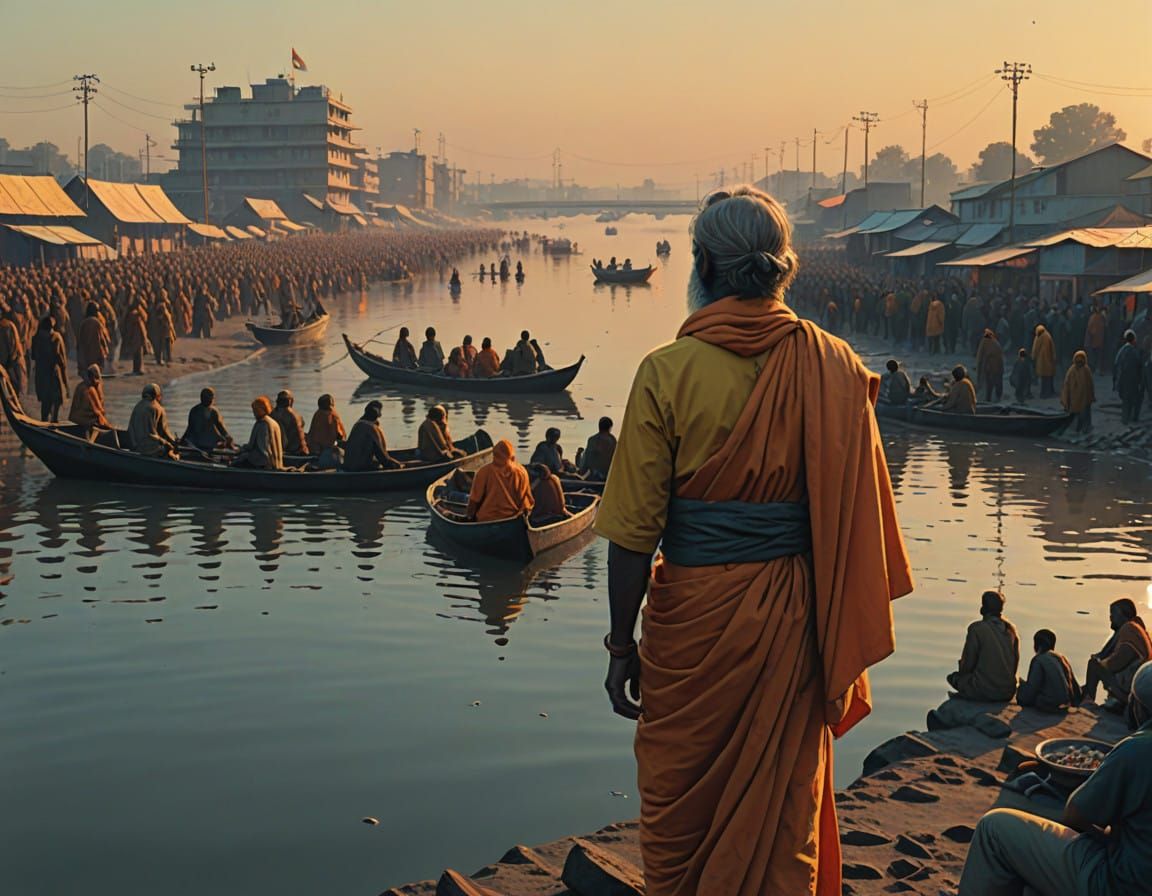 Vibrant Daytime Scene of Prayagraj Mahakumbh Mela in India