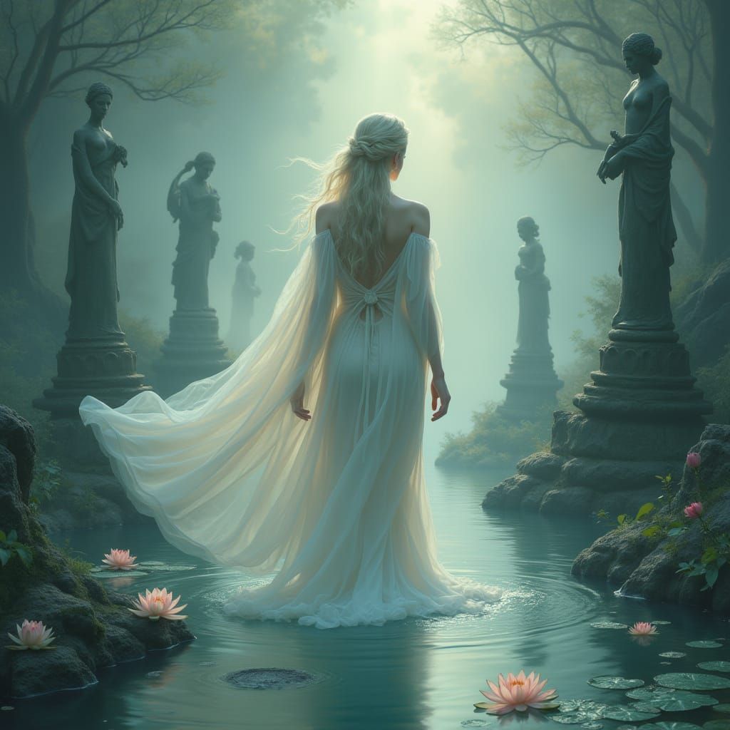 Ethereal Figure Emerges from River Mist in Whimsical Art Sty...
