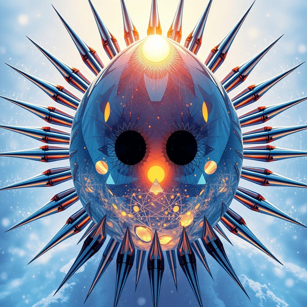 Vibrant Crystal Egg with Metal Spears and Winter Landscape
