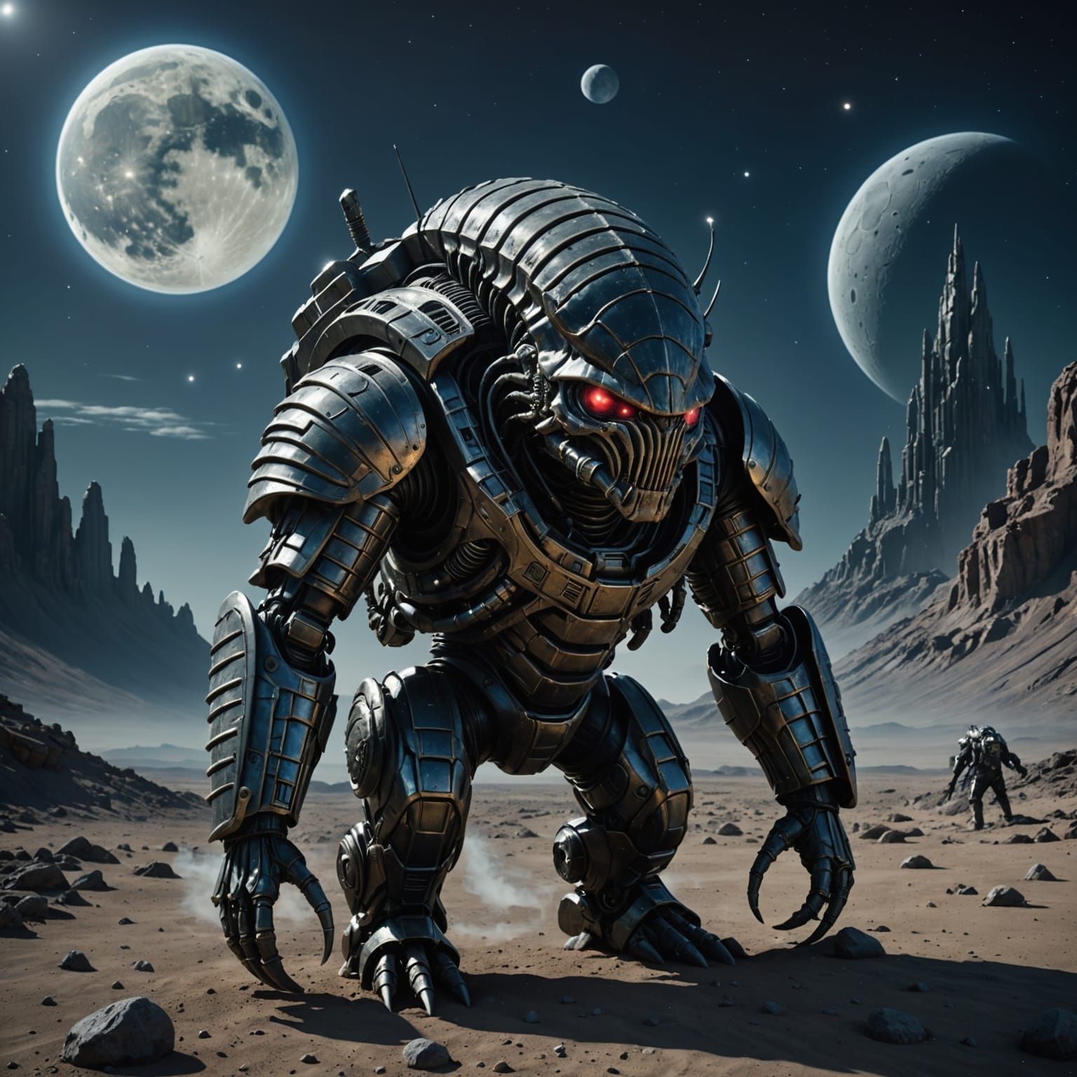 Cyberpunk Trilobite Warrior in Alien Landscape