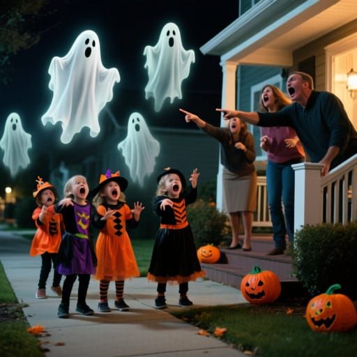 Children in Halloween Costumes and Screaming Adults See Ghos...