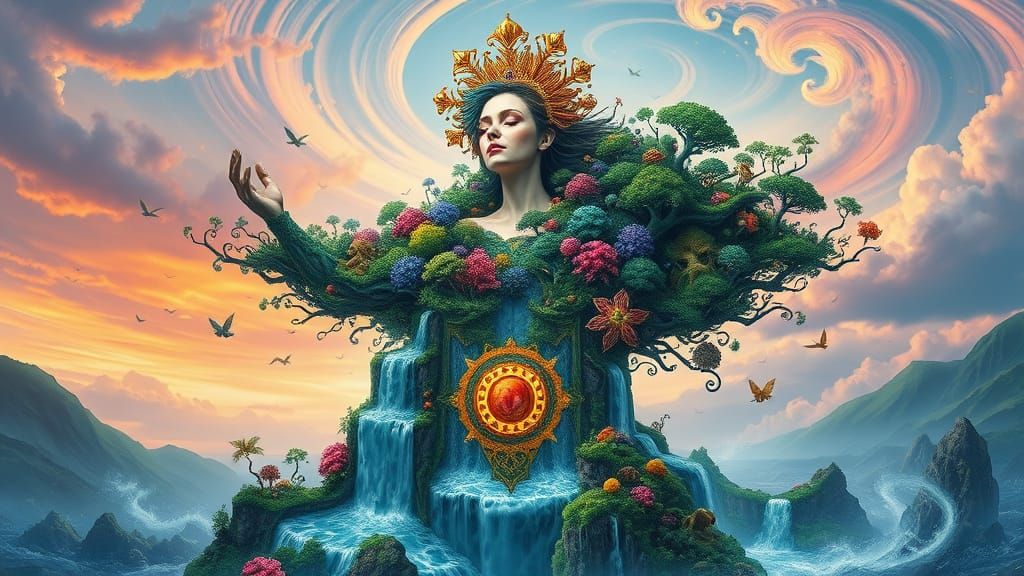 Surreal Princess in Whimsical, Dreamy Landscape with Iridesc...