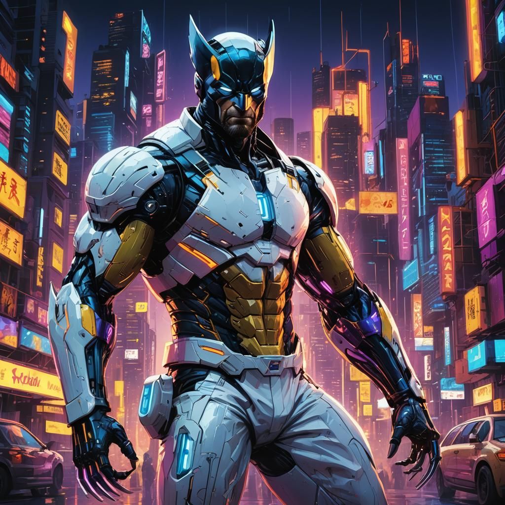 Wolverine in White Suit: Cyberpunk Cyborg Illustration