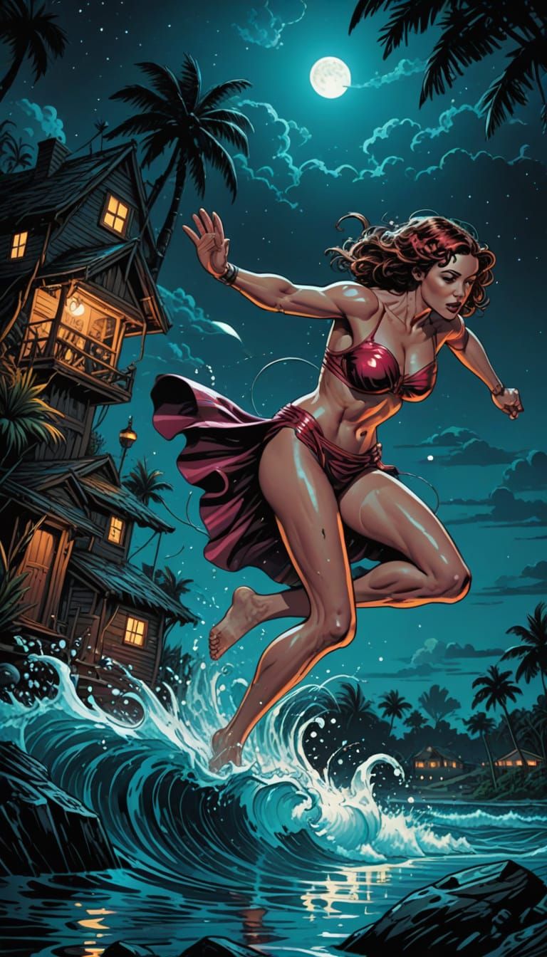 Surreal Nighttime Scene in Comic Book Style