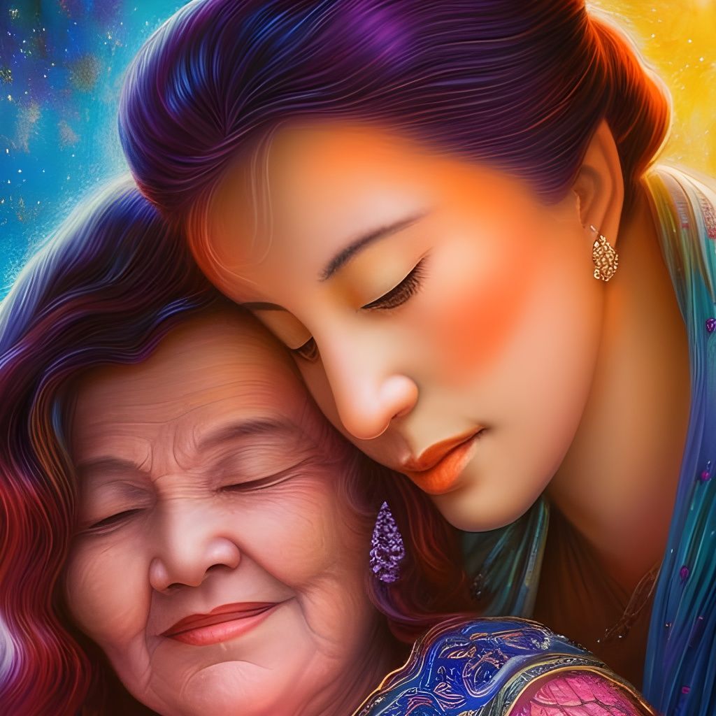 Mother and Daughter Embrace in Sunlit Garden