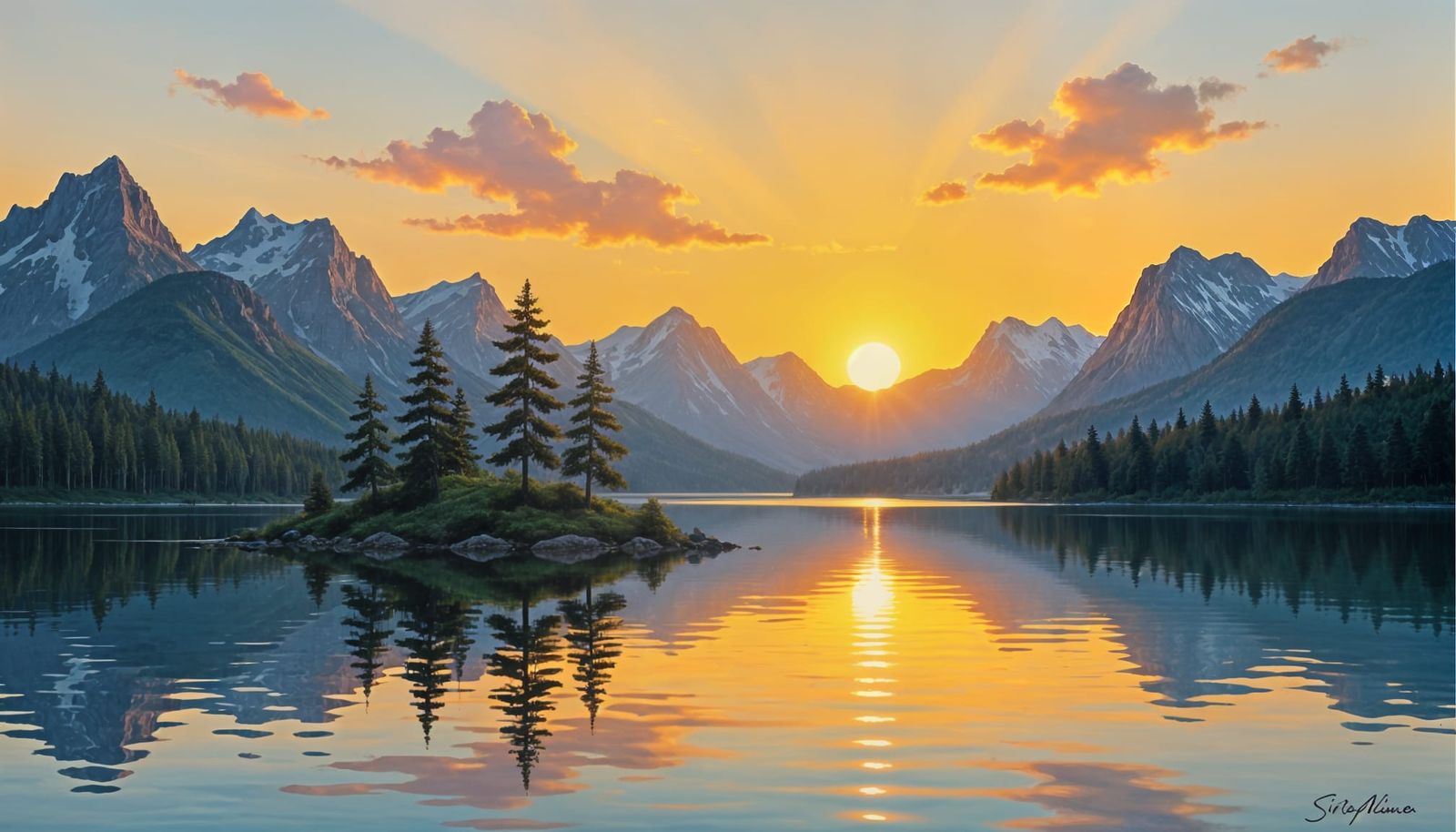 Island Sunset Over Mountain Lake