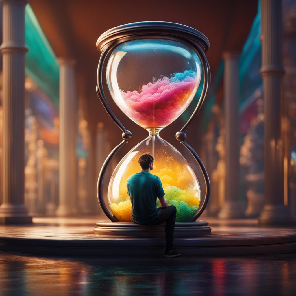 Person in Hourglass: Hyperrealistic Splash Art