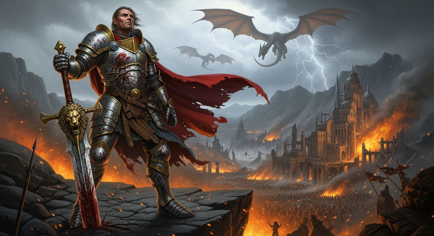 Heroic Paladin Overlooking Burning Battlefield