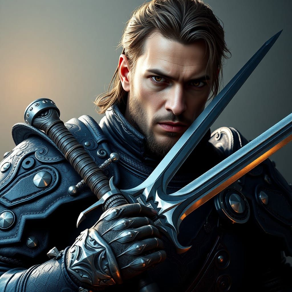 Armored Man with Sword in Fantasy Realism Style