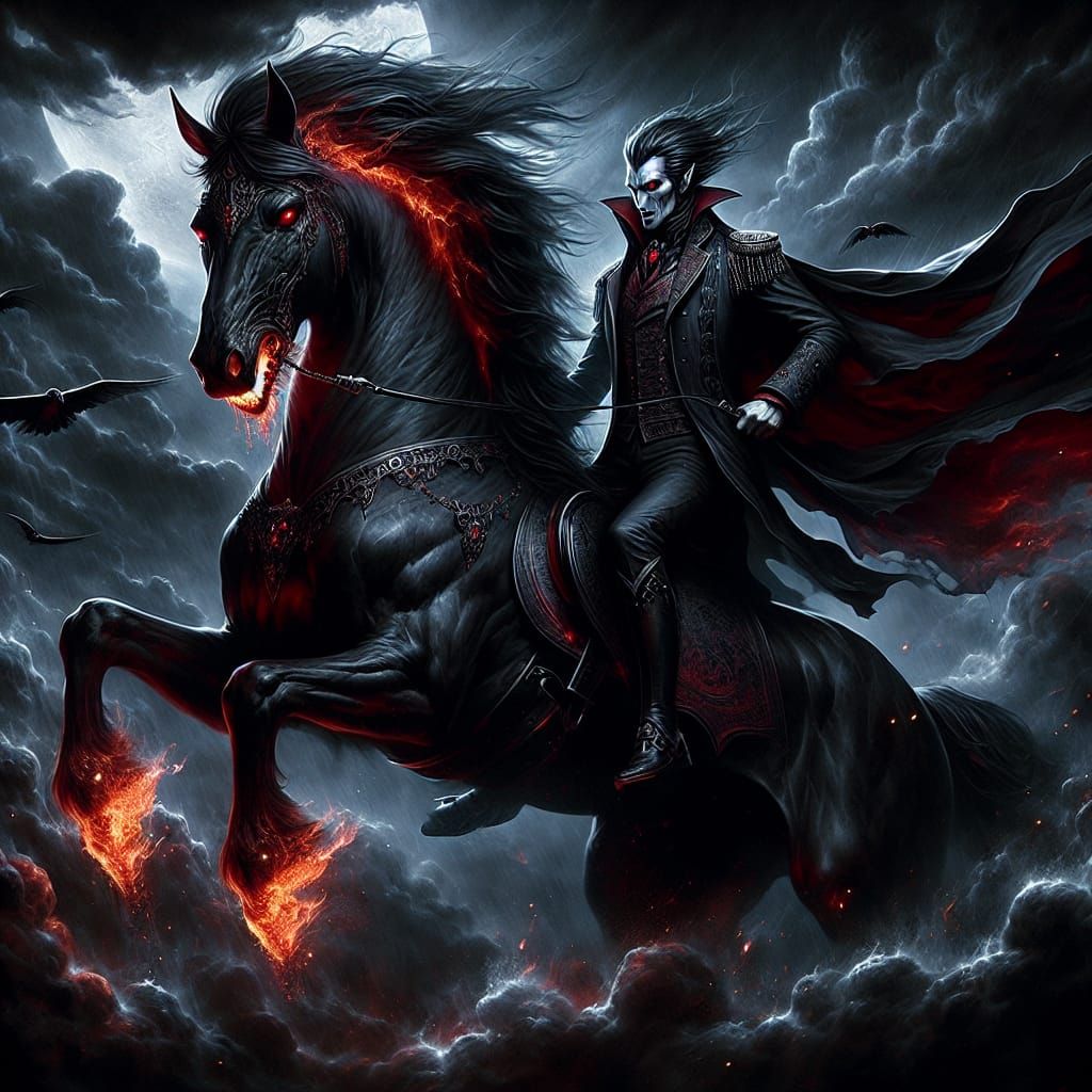 Fearsome Horse and Gothic Vampire in Stormy Sky