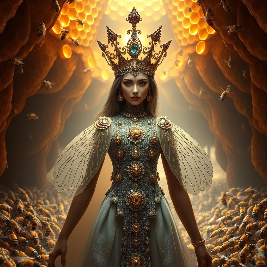 Regal Queen Bee Goddess in Honeycomb Hive