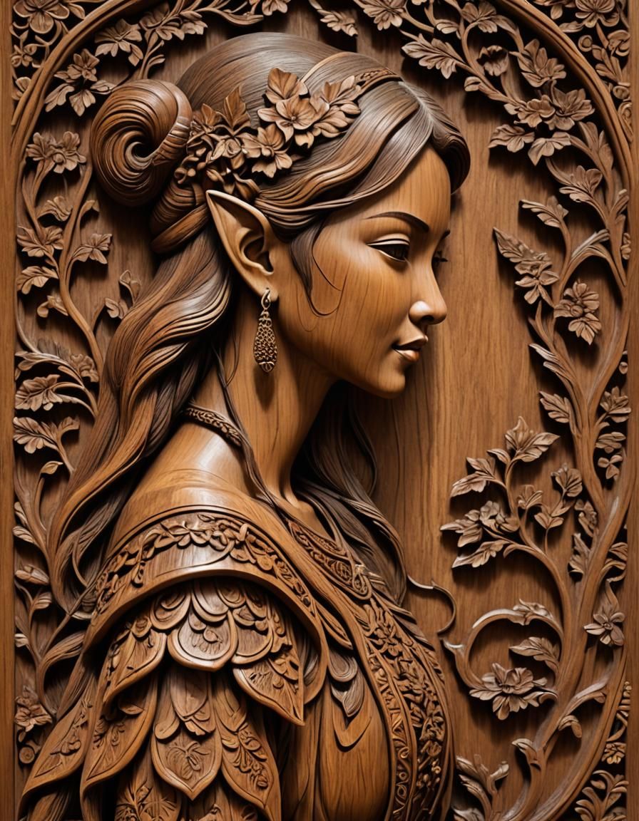 Profile of Asian Elf on Teak Wood Wall