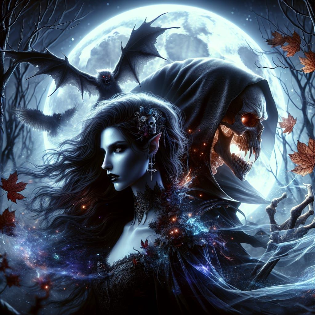 Vampire and Witch in Chilling Fall Landscape