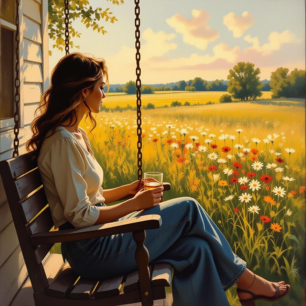 Woman on Porch Swing in Golden Sunlight