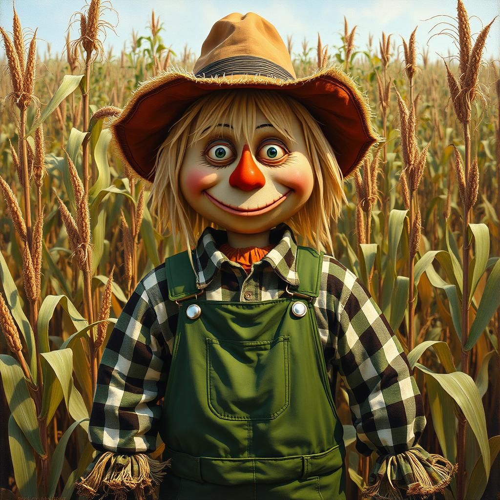 Friendly Scarecrow in Cornfield Oil Painting