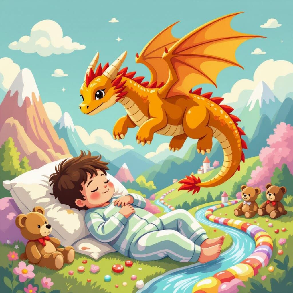 Toddler's Dream: Dragon Ride Over Candy Mountains