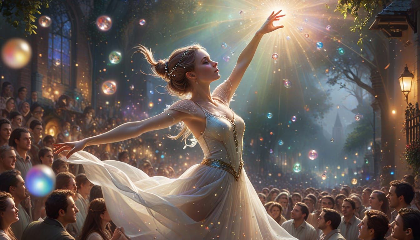 Aerial View: Elf Dancer Juggling Rainbow Orbs