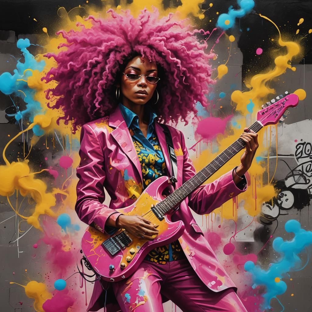 Afro Woman Guitarist in Graffiti Street Art Style