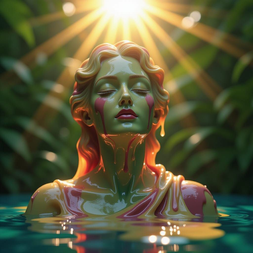 Melting Wax Statue in Sun-Drenched Jungle