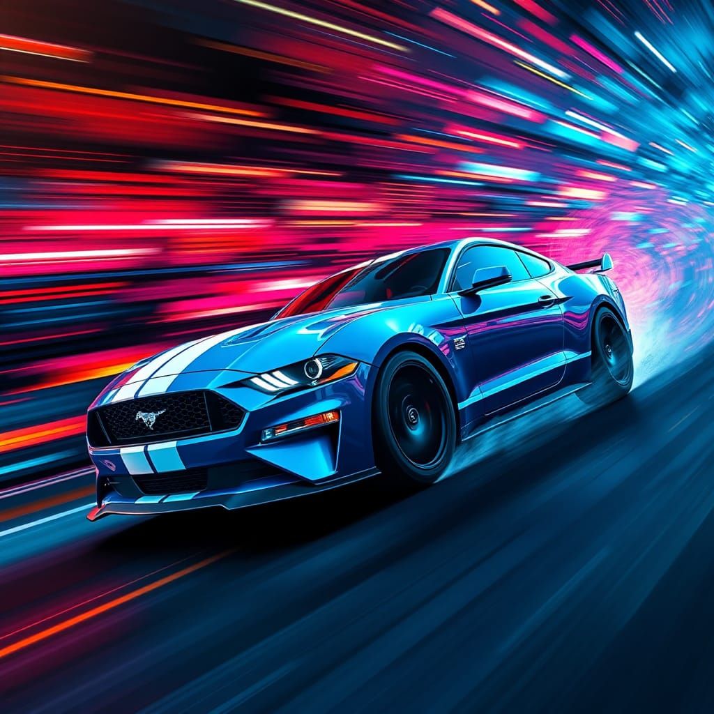 Neon Mustang GT Speeding: Hyper-Realistic Matte Painting