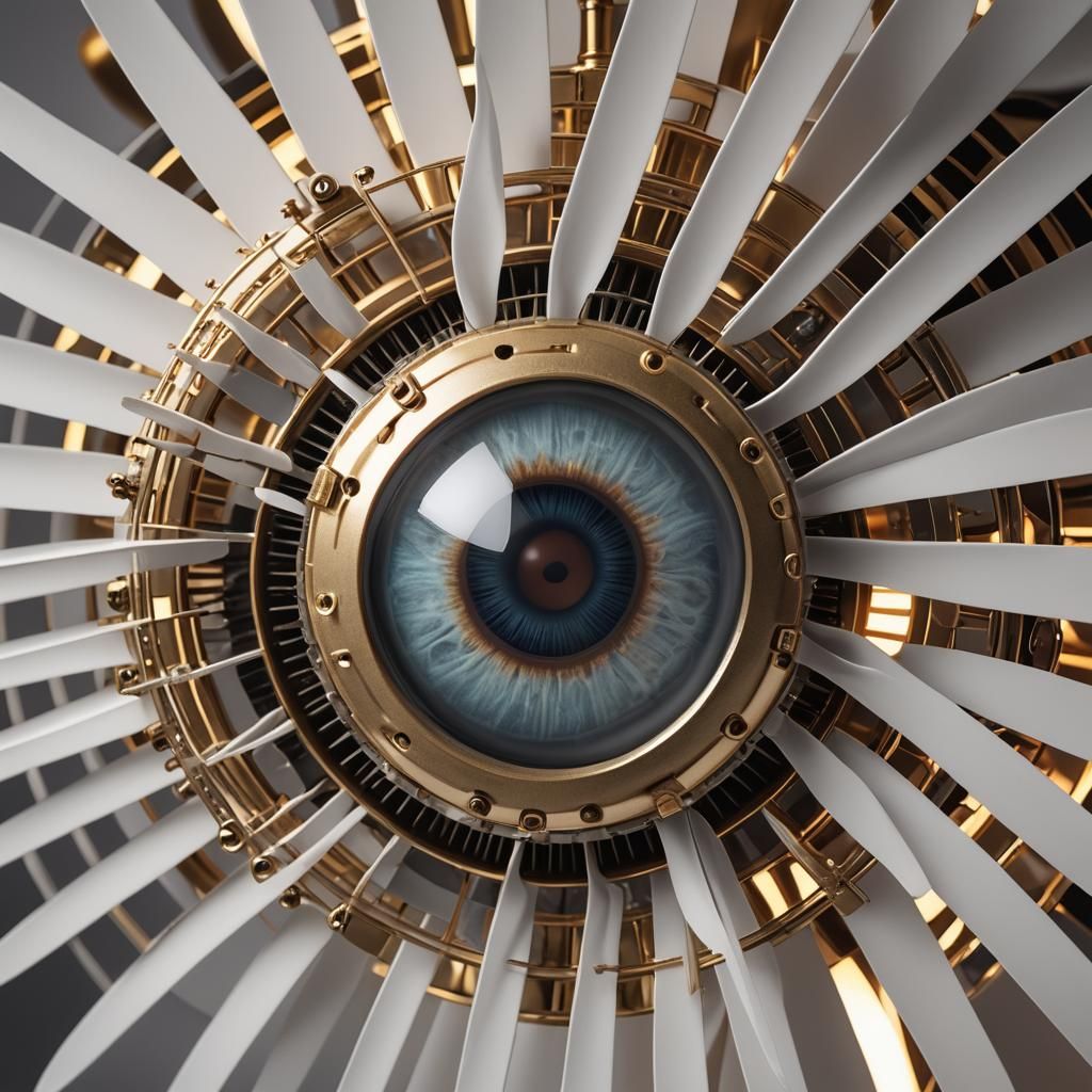 Surreal Eyeball in Fan Blades: Hyperrealistic Digital Art