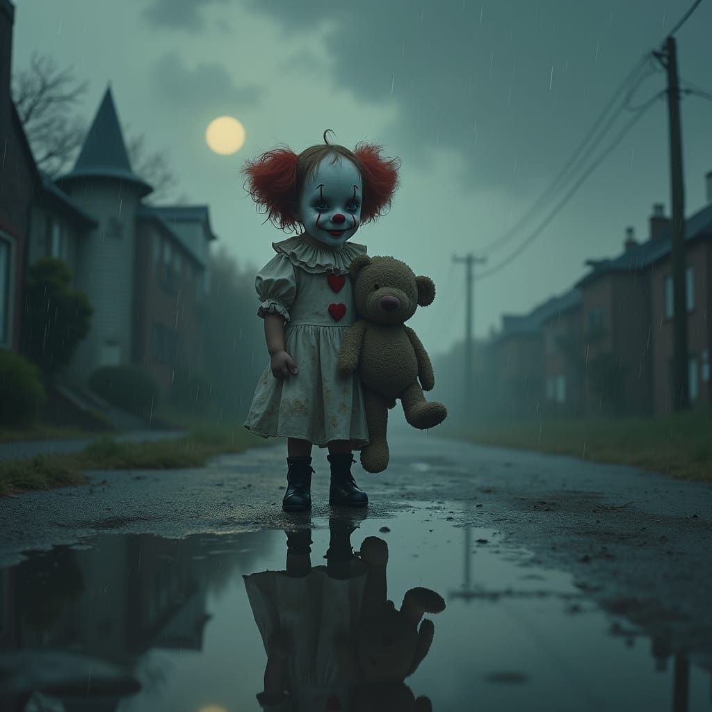 Eerie Street Scene with Girl and Teddy Bear