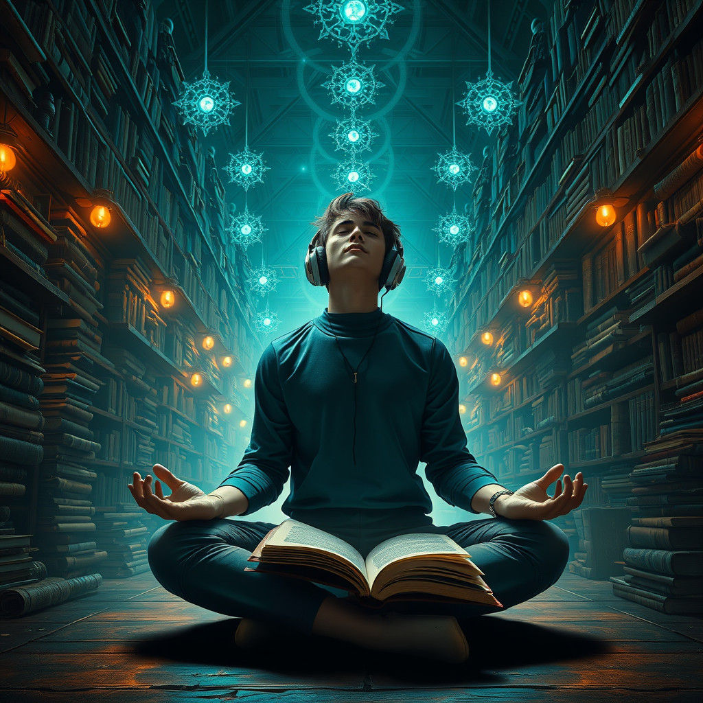 Man Absorbing Book Knowledge in Fantasy Concept Art