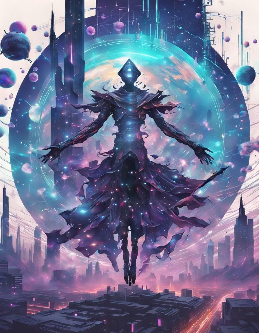 Surreal Glitching Robot Sorcerer Controls Cyberpunk City