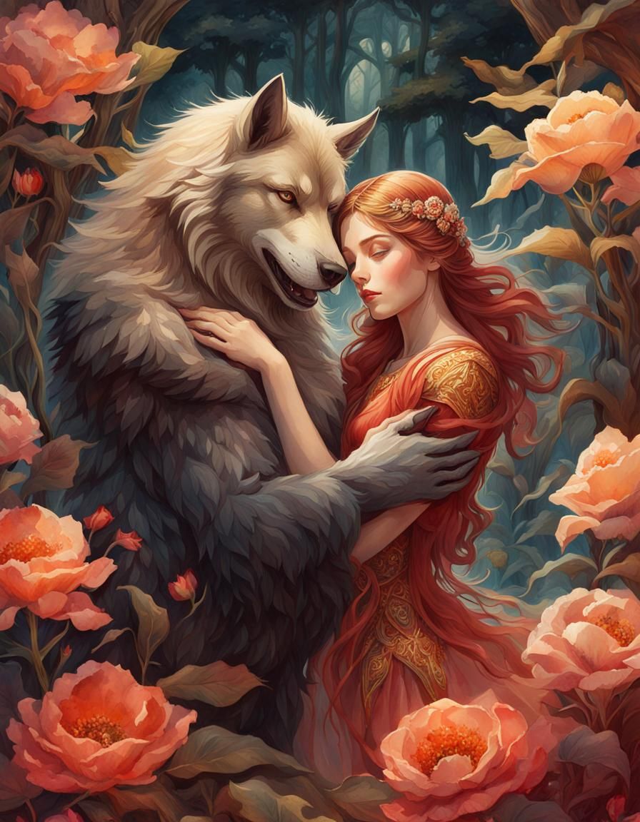 Princess and Werewolf Art Nouveau Watercolor