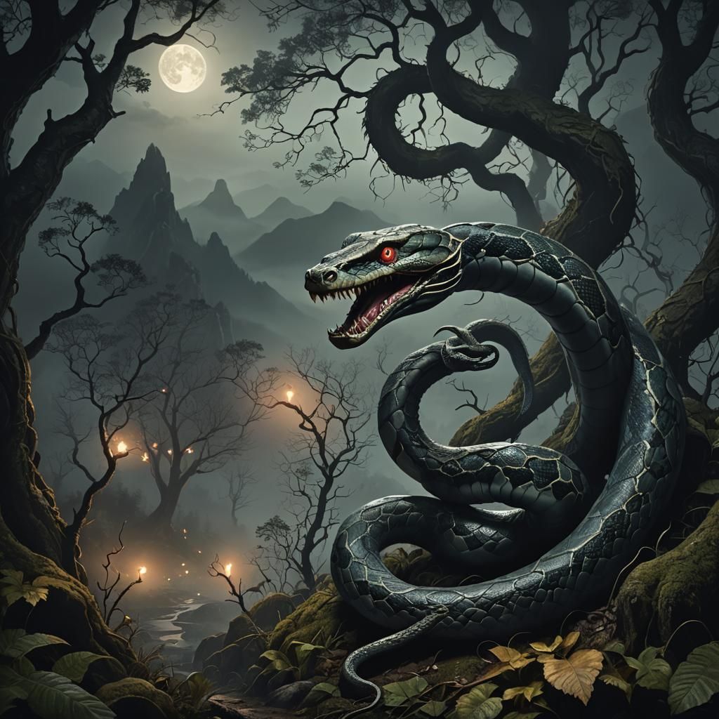 Mystical Forest Serpent in Moonlight: Dark Fantasy Art