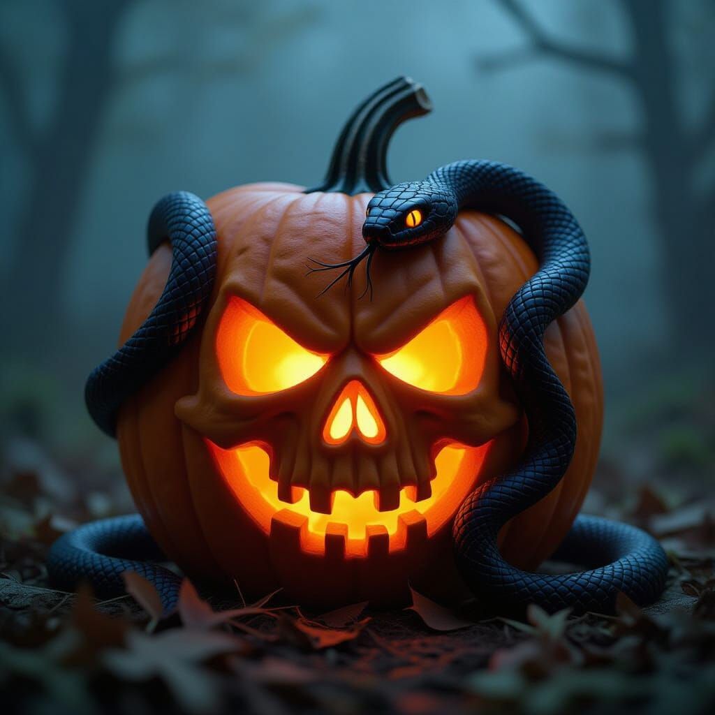 Intricate 3D Pumpkin Skull Carving with Snake