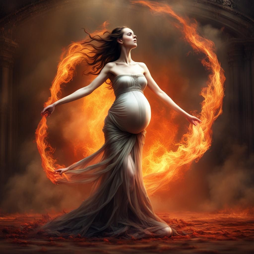 Joyful Pregnant Woman Dancing Wreathed in Fire