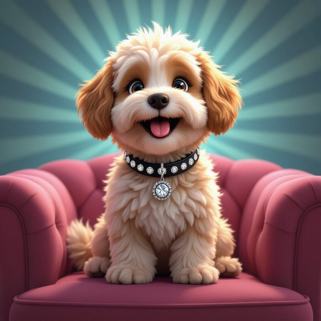 Joyful Cockapoo Dog on Pink Sofa in Pixar Style