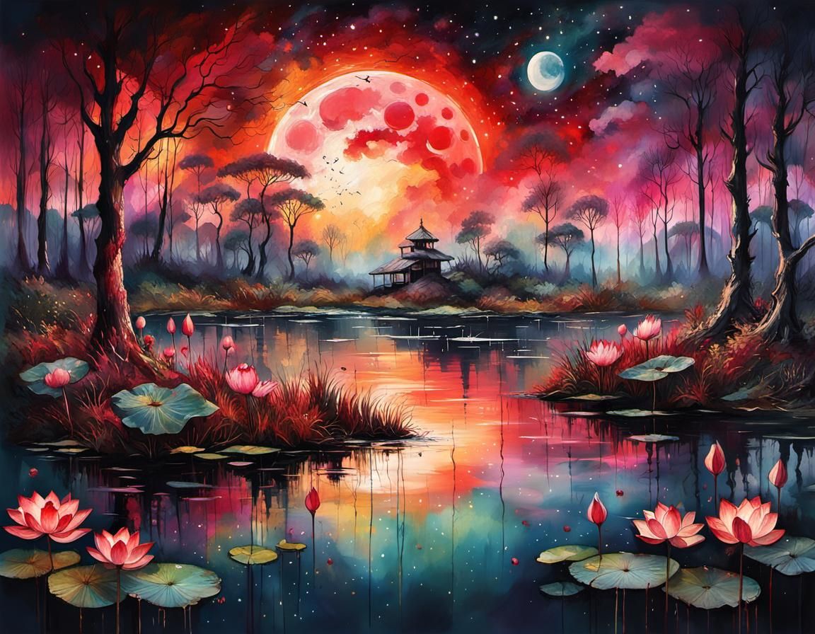 Dramatic Blood Moon Over Lake in Maximalist Style