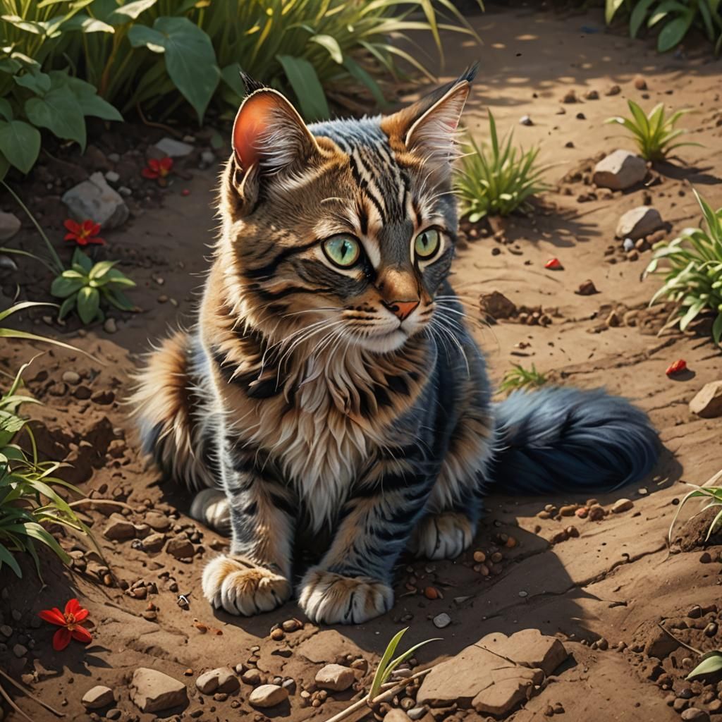 Gray Cat Watching Ant in Garden, Fantasy Realism