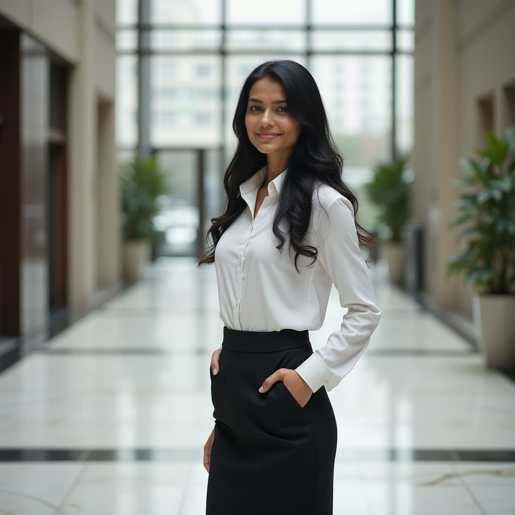 Indian Woman in Office Lobby, Realistic Photography Style
